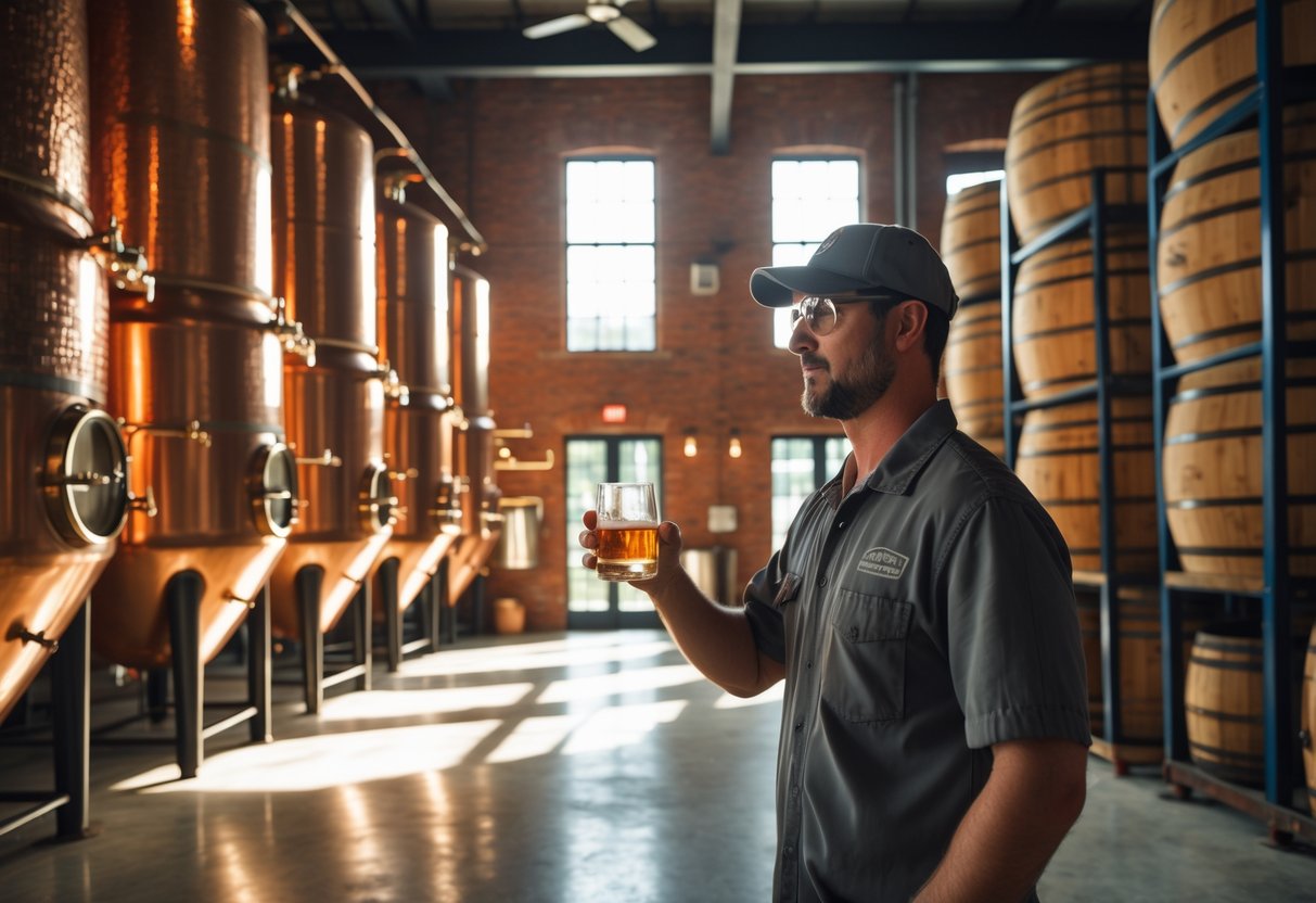 Interior of a distillery with copper stills, wooden barrels, and a worker inspecting a glass of clear spirit.