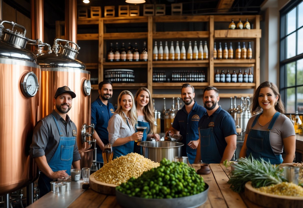 Inside a local brewery with brewers working around copper kettles and shelves of craft beer and spirits.