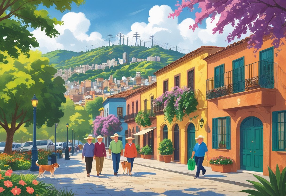 Three scenes showing American retirees enjoying parks, colonial streets, and lively plazas in Medellín, Cuenca, and Guadalajara.