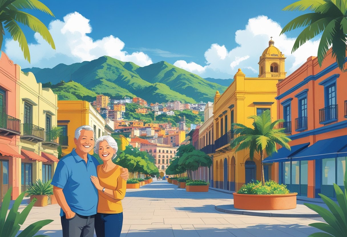 A smiling American retiree couple enjoying a sunny day outdoors with a colorful cityscape and green mountains in the background representing Medellín, Cuenca, and Guadalajara.