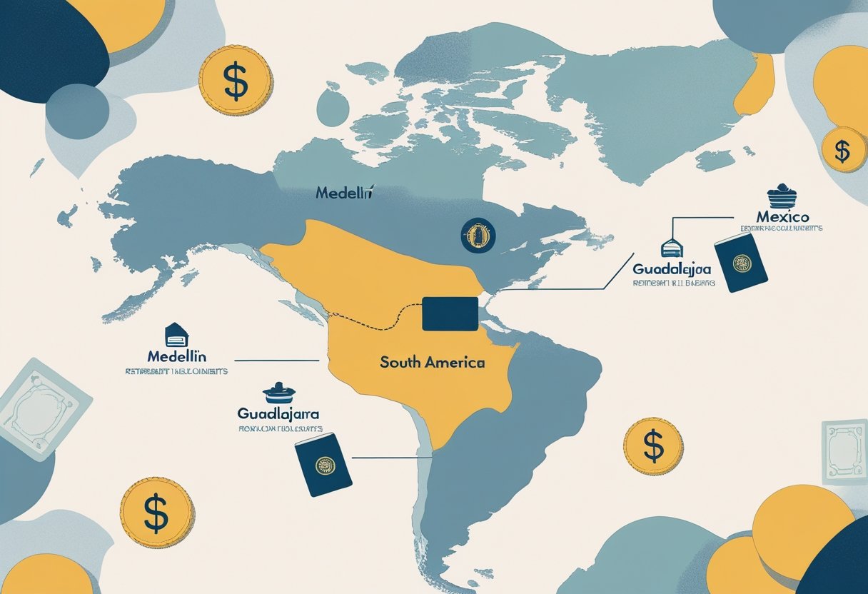 Map of the Americas highlighting Medellín, Cuenca, and Guadalajara with icons representing retirement visas, legal documents, and financial savings.