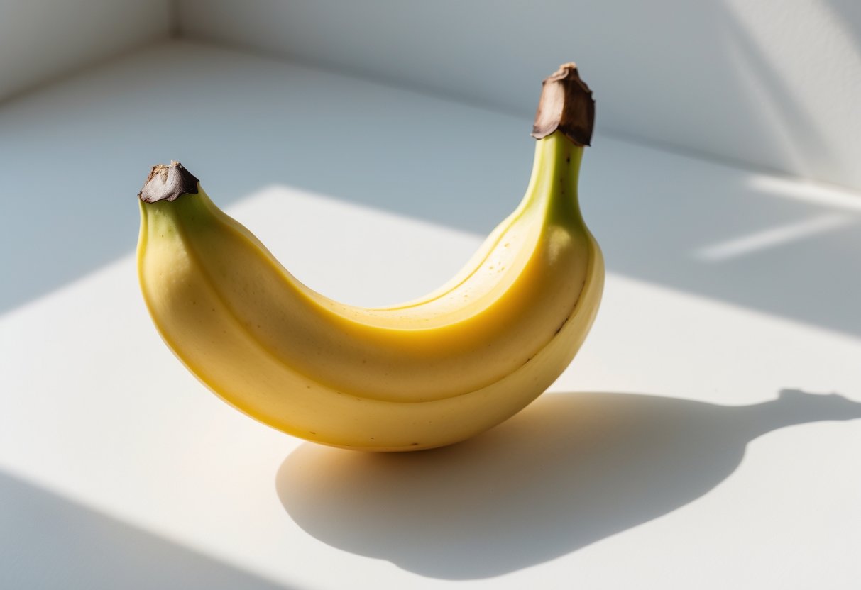 A small ripe banana on a white surface.