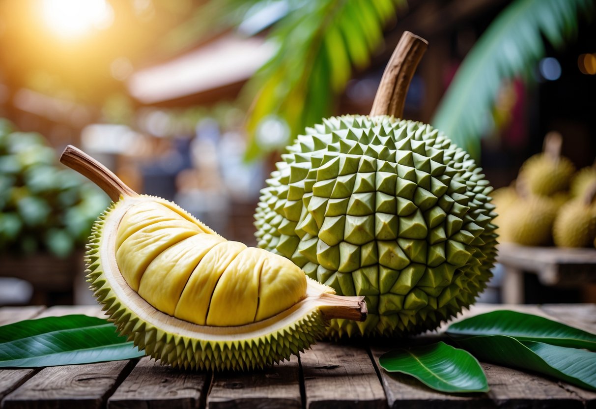 A fresh durian fruit from Malaysia partially opened on a wooden table, showing its yellow flesh and spiky green shell.