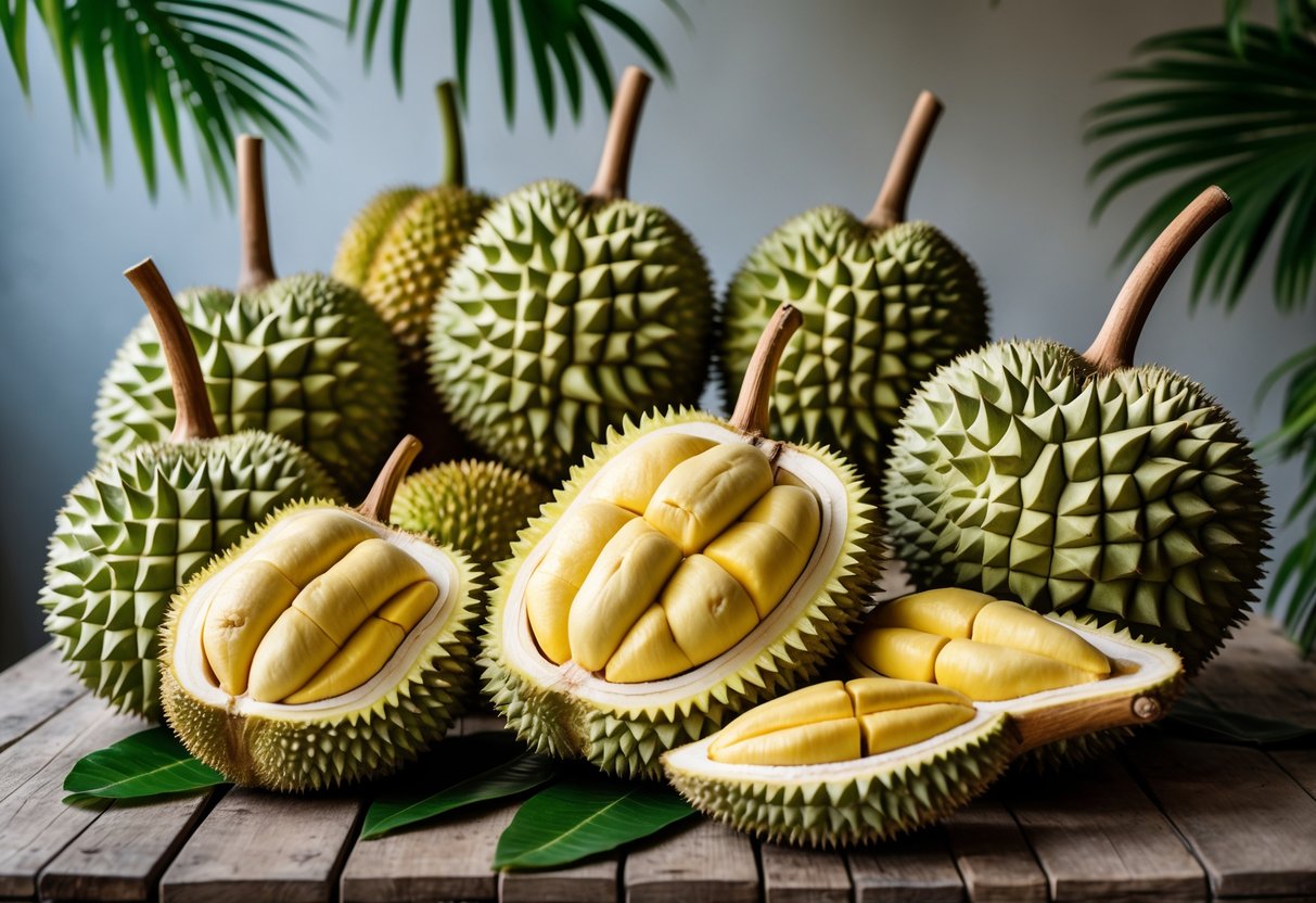 A variety of durians, whole and cut open, displayed on a wooden surface with tropical leaves around them.