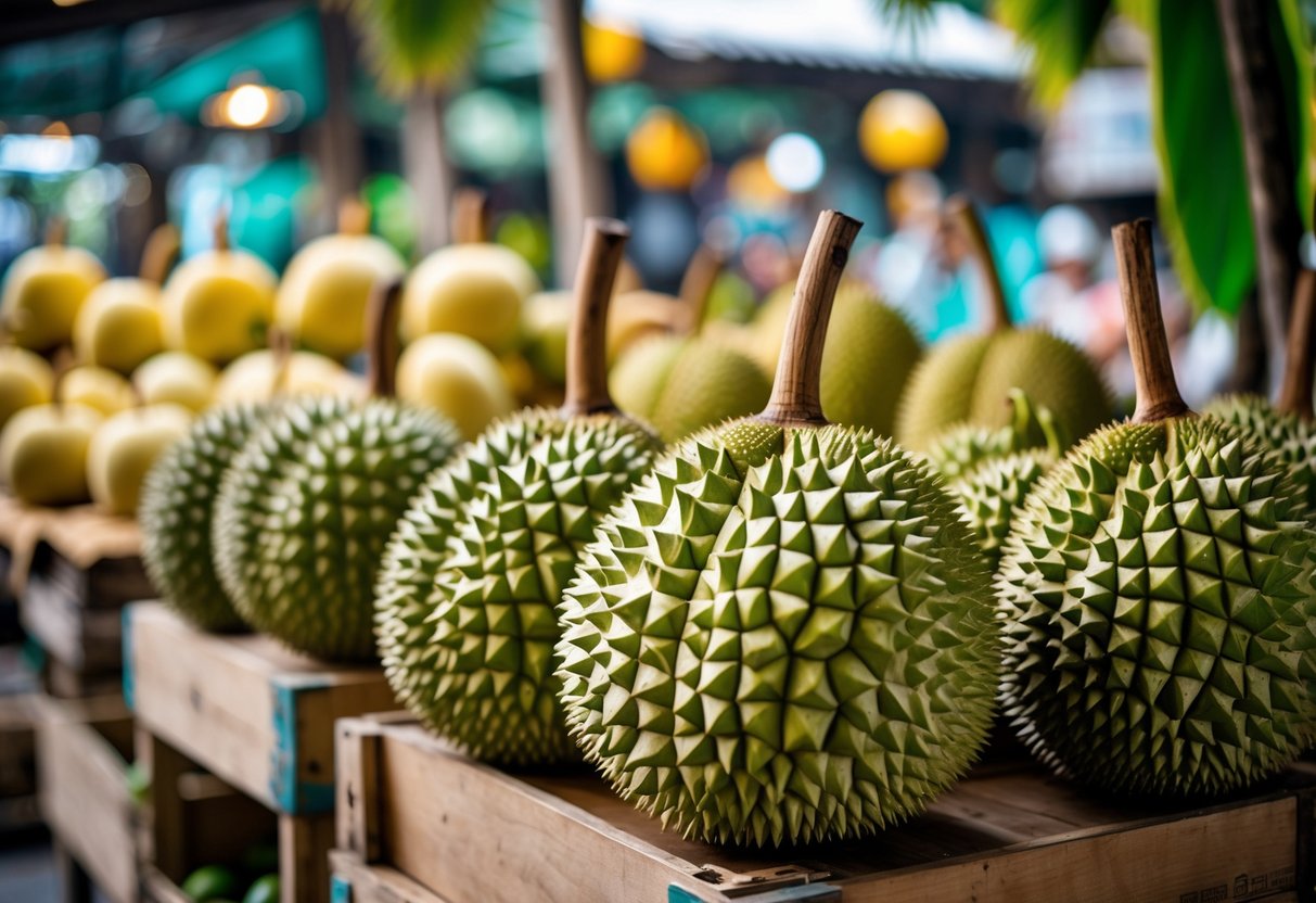 Fresh durians displayed on wooden crates in a Malaysian market with tropical foliage in the background.