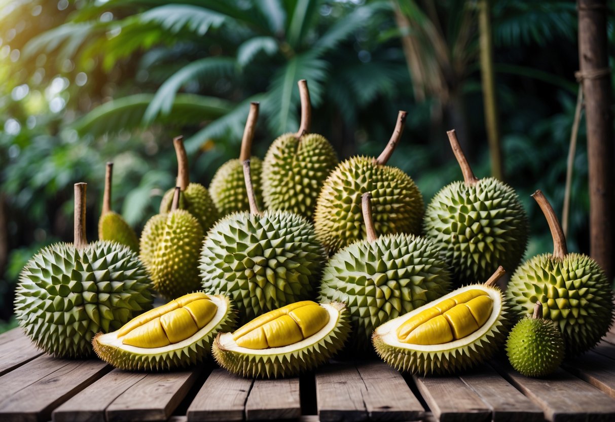 A variety of durians displayed on a wooden table with some opened to show the yellow flesh, set against a blurred tropical background.