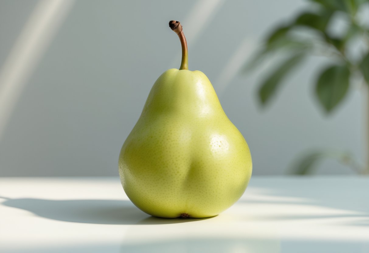 A fresh green pear on a white surface with a blurred background.