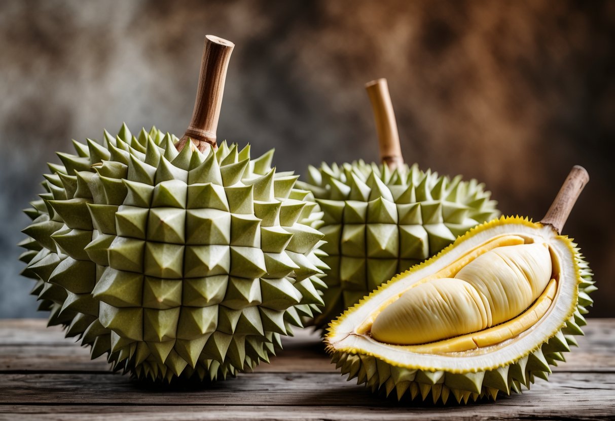 A whole Malaysian durian fruit with spiky husk and a cut section showing creamy yellow flesh on a wooden surface.