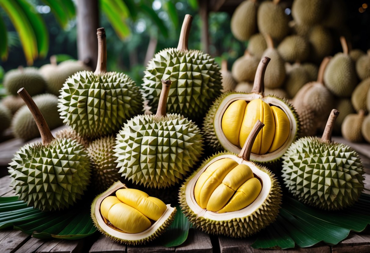 A display of whole and opened durians on a wooden table with tropical leaves in the background.