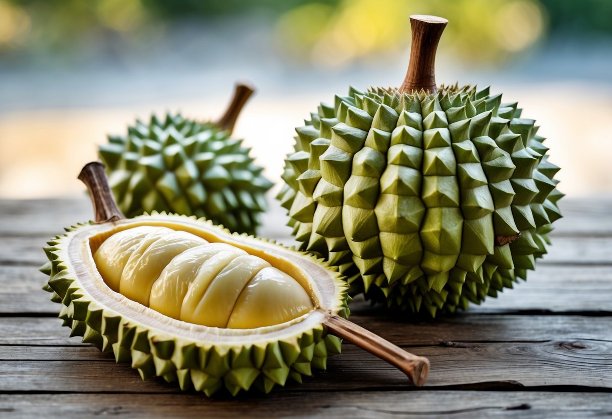 A whole Malaysian durian fruit with its spiky green shell and a cut section showing the creamy yellow flesh on a wooden surface.