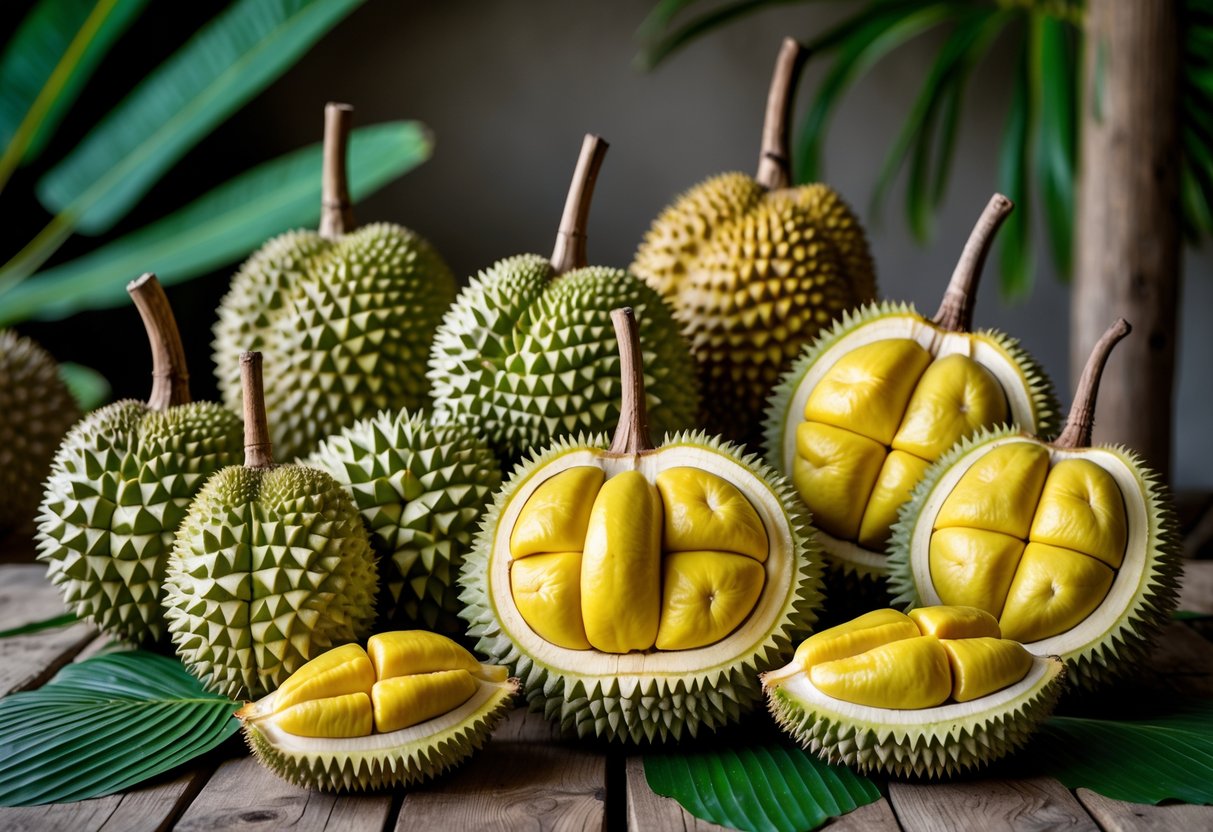 A variety of Malaysian durians, whole and cut open, displayed on a wooden table with tropical leaves around them.