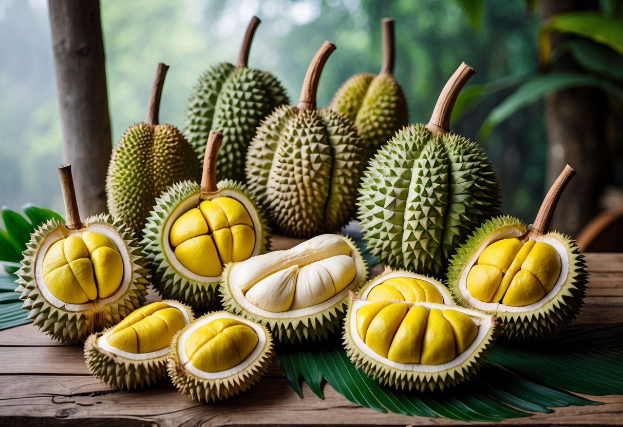 A variety of Malaysian durians, whole and cut open, displayed on a wooden table with tropical leaves around them.