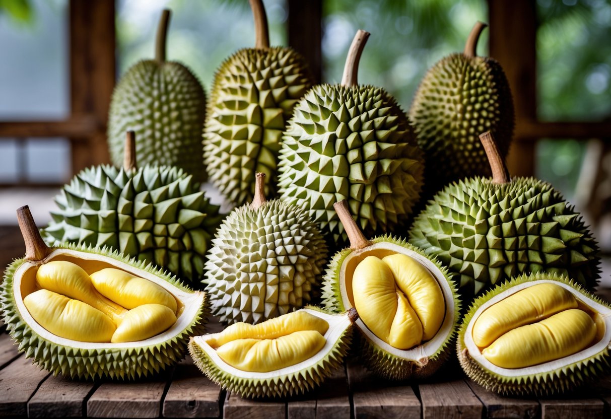 A variety of whole and cut open Malaysian durian fruits displayed on a wooden table.