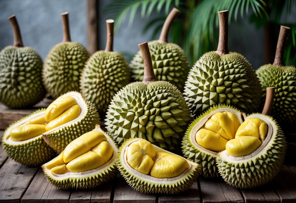 A variety of whole and cut Malaysian durians displayed on a wooden table.