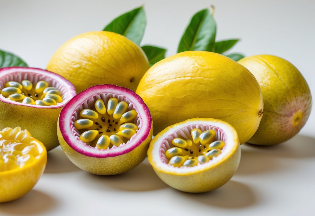 Close-up of whole and halved yellow passionfruits showing bright yellow skin and juicy interior on a white background.