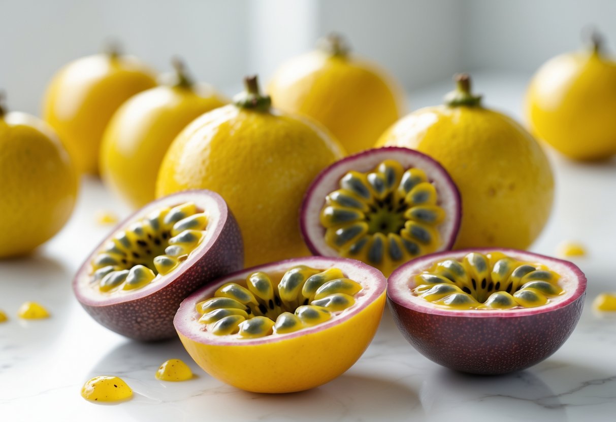 Close-up of ripe passionfruits with bright yellow pulp and black seeds on a white surface.