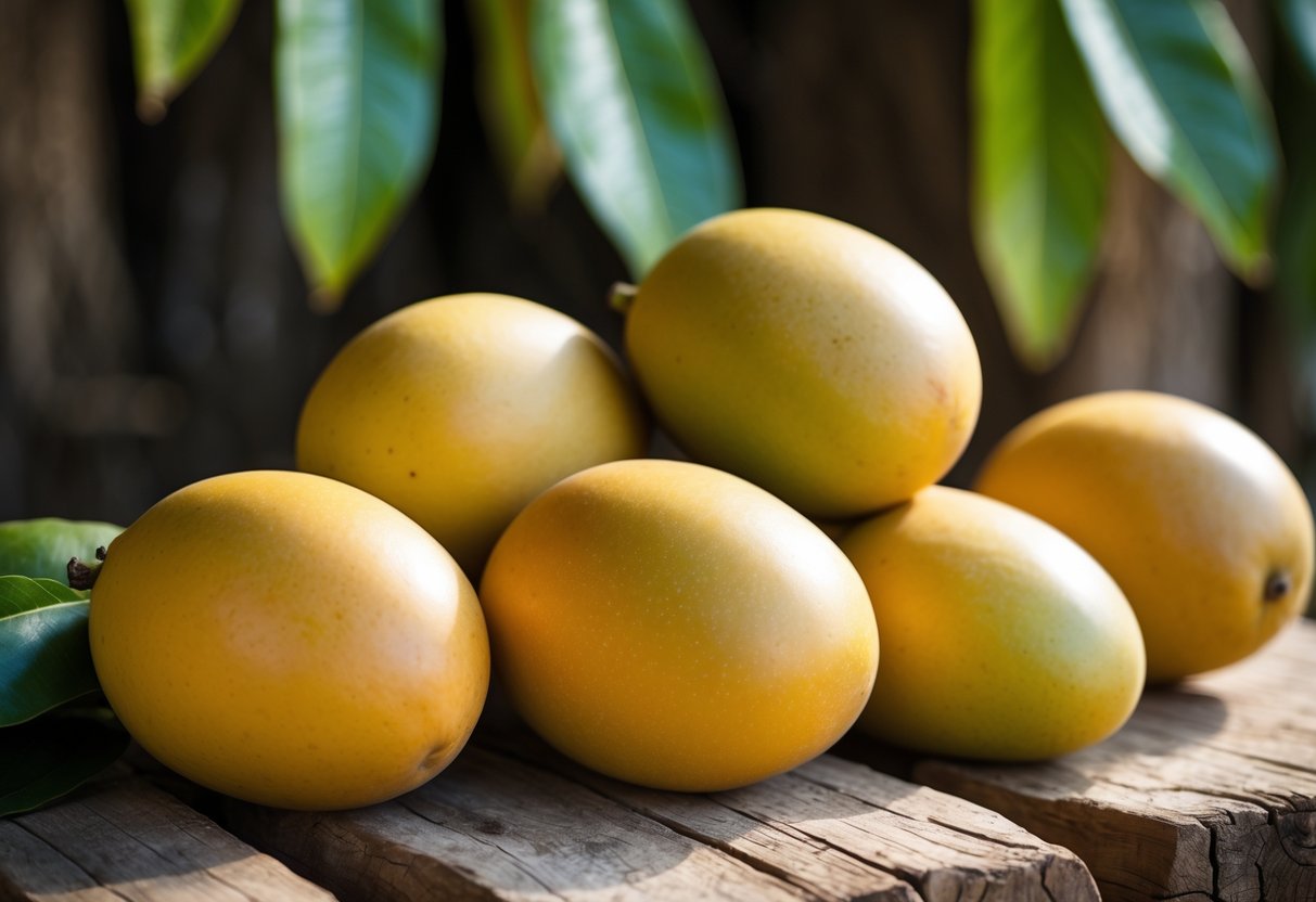 Close-up of ripe mangoes on a wooden surface with green leaves in the background.