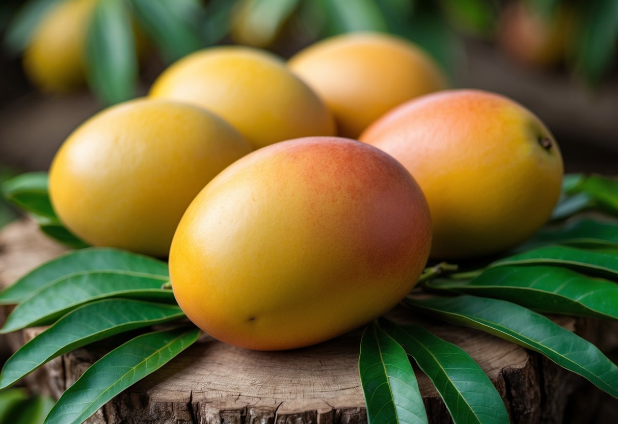 Close-up of ripe R2E2 mangoes with green leaves on a wooden surface.