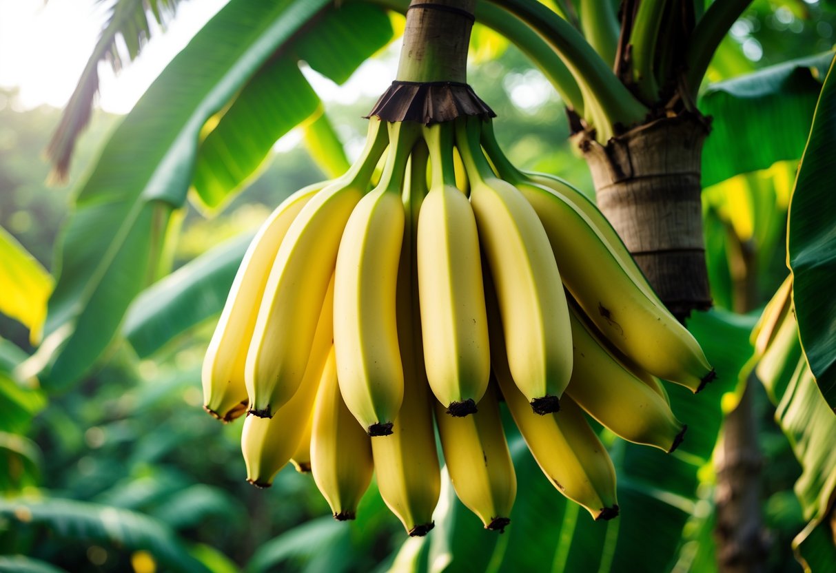 A bunch of ripe Rastali bananas hanging on a banana plant with large green leaves in the background.