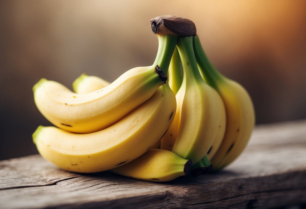 A close-up of a bunch of small yellow bananas on a wooden surface.