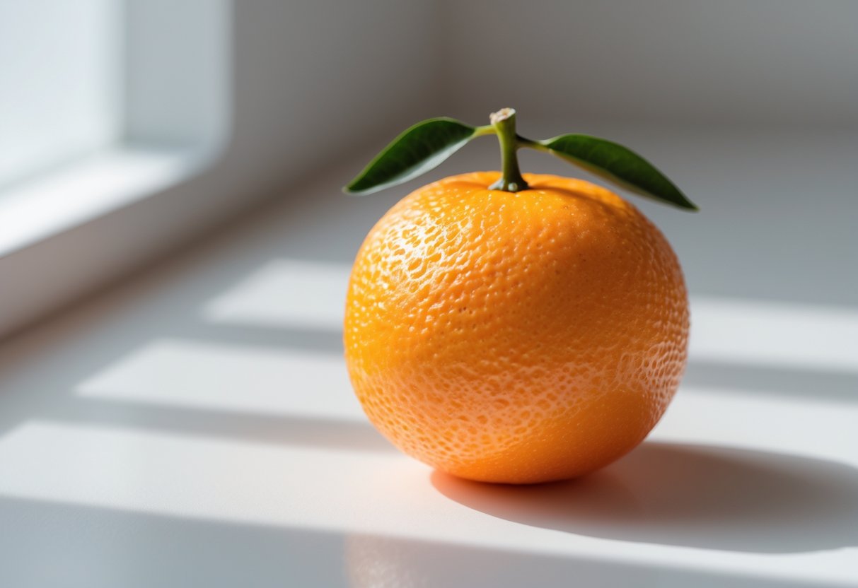 A small tangerine with a green stem on a white surface.