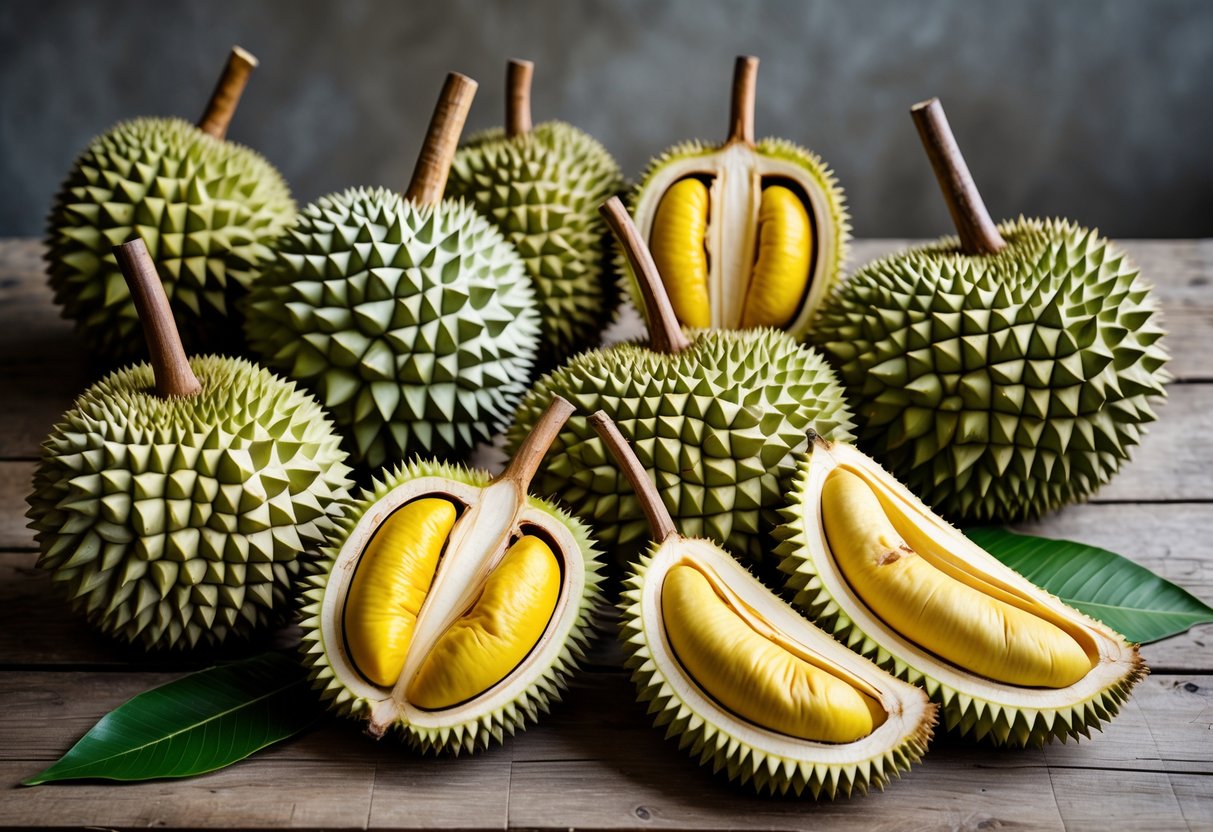 An assortment of whole and cut durians displayed on a wooden table, showing different types with their spiky shells and creamy yellow flesh.