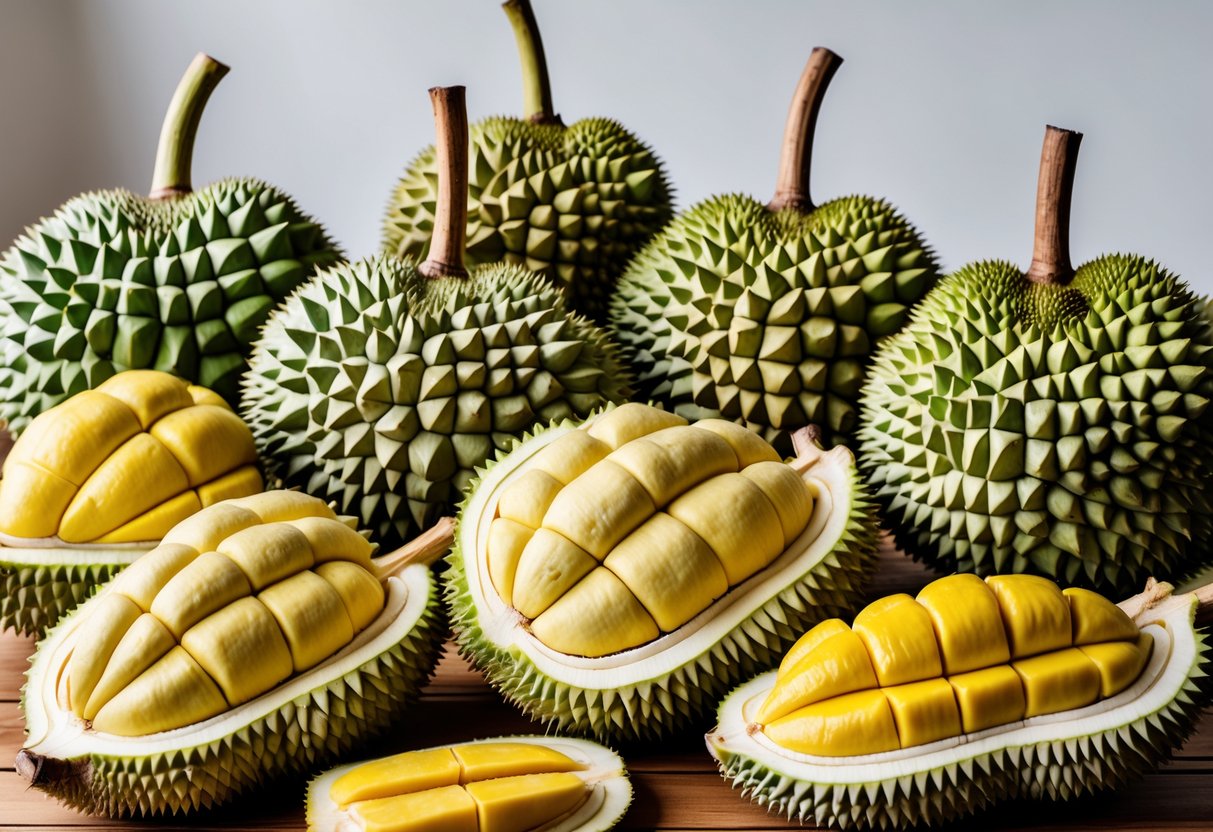 A variety of whole and cut durians displayed on a wooden table, showing their spiky shells and creamy yellow flesh.