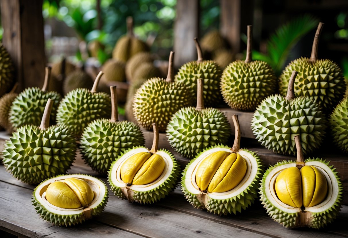 A variety of whole and cut open durians displayed on a wooden table, showing their spiky green shells and creamy yellow flesh.
