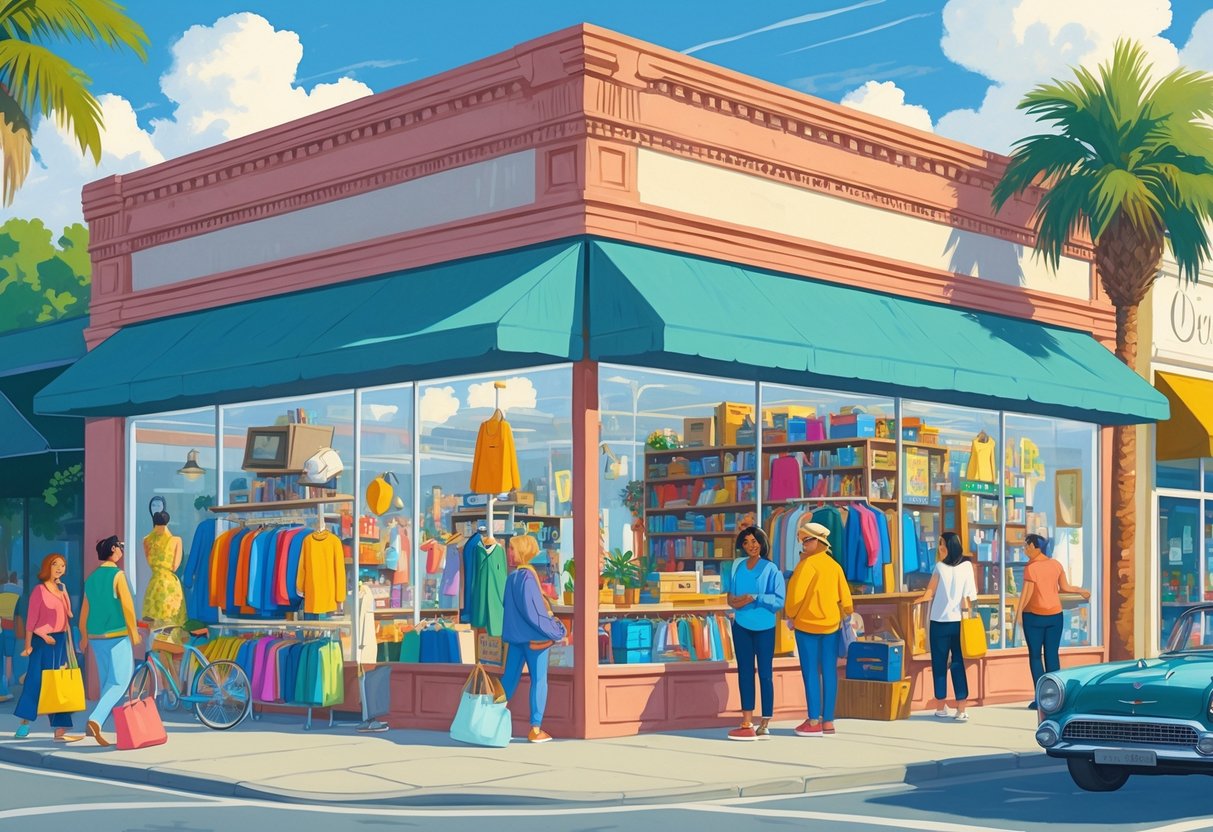 A busy thrift store in Orland, California, showing people browsing clothes and items outside a vintage-style shop on a sunny day.
