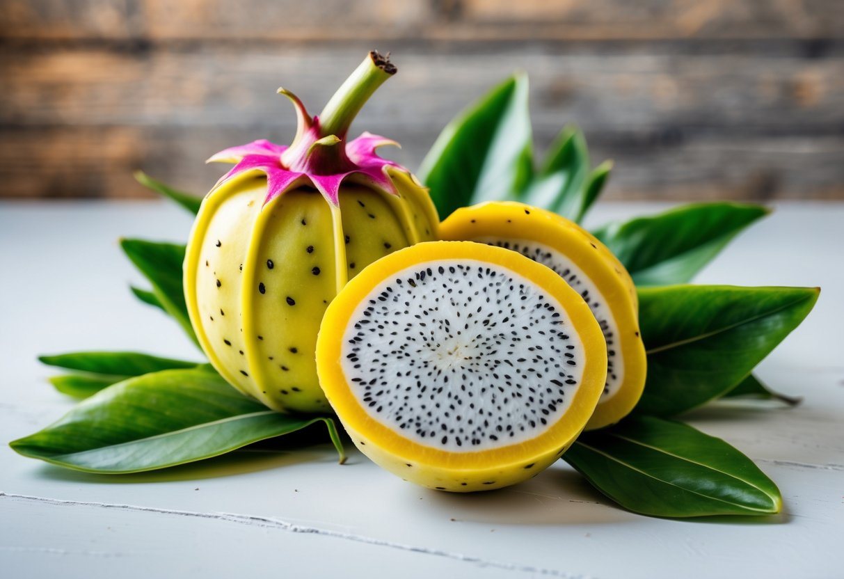 A yellow dragon fruit cut open showing its white flesh with black seeds on a white surface with green leaves and a wooden background.