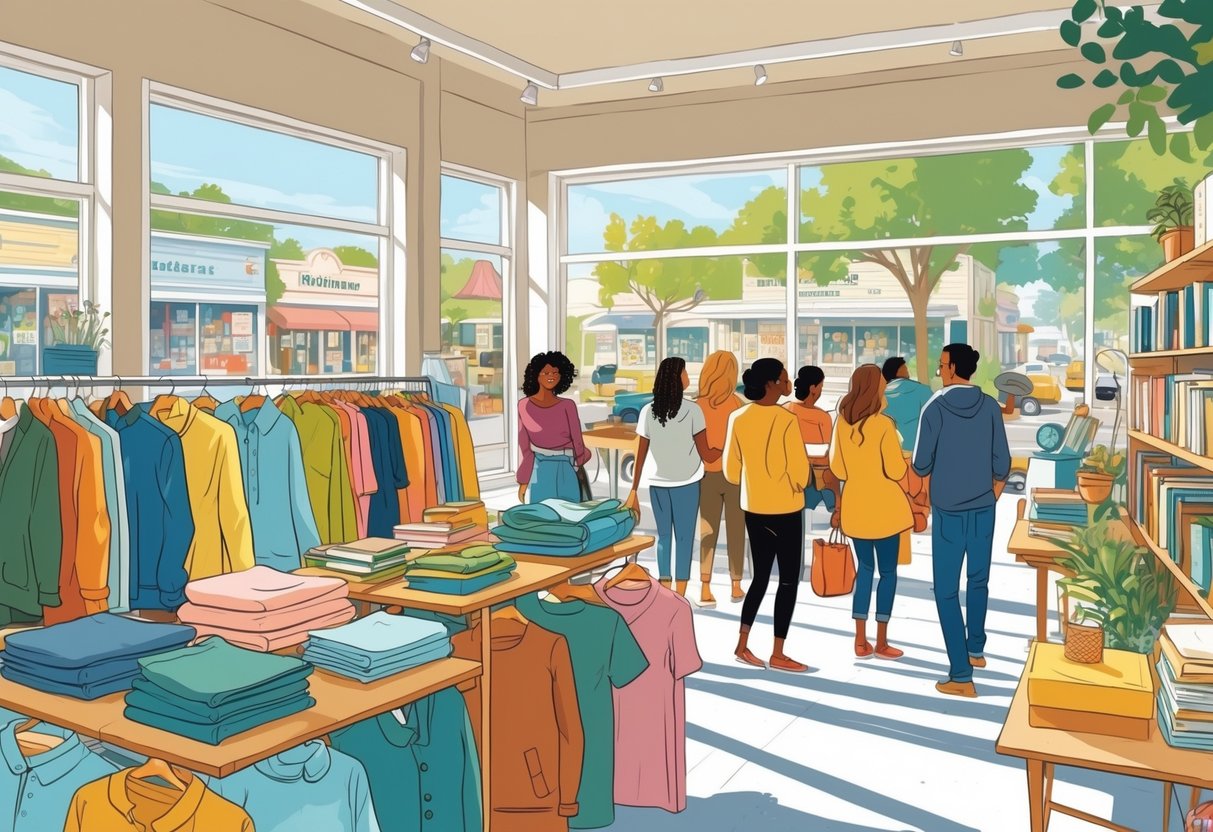 People browsing clothing racks and shelves inside a bright thrift store with a view of a small-town street outside.