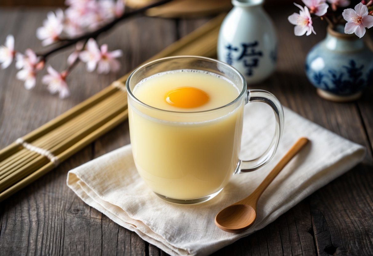 A glass mug of warm tamago-zake, a traditional Japanese egg and sake drink, on a wooden table with a sake bottle and cherry blossom branches in the background.