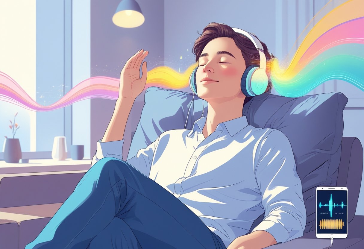 A person sitting in a cozy room wearing headphones with colorful sound waves around their head and a music player nearby.