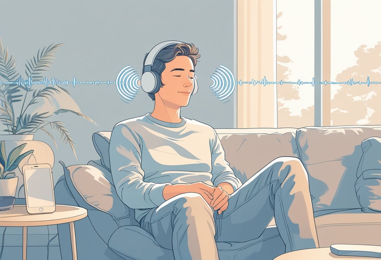 A person sitting in a living room listening to binaural beats from a speaker without headphones, with sound waves traveling to their ears.
