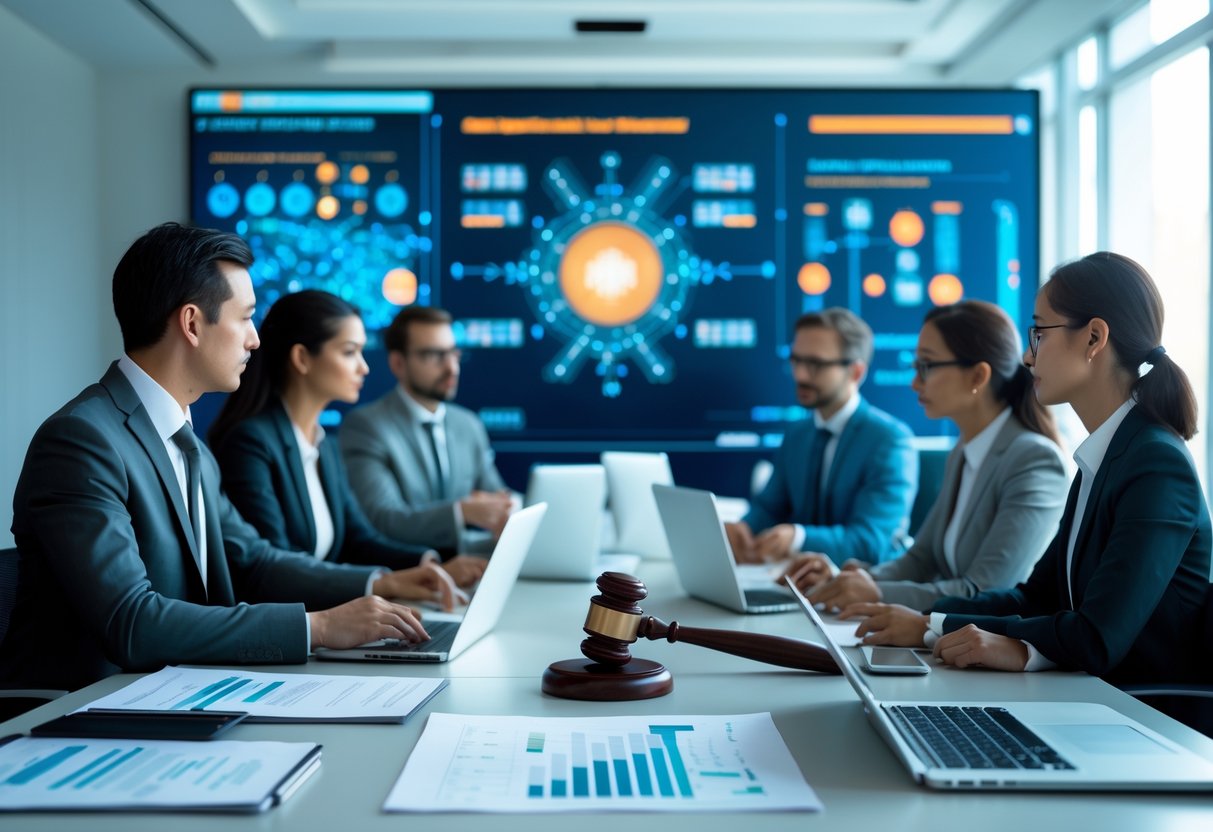 Des professionnels en réunion dans une salle de conférence moderne, discutant autour de documents et d'ordinateurs, avec un marteau de juge sur la table.