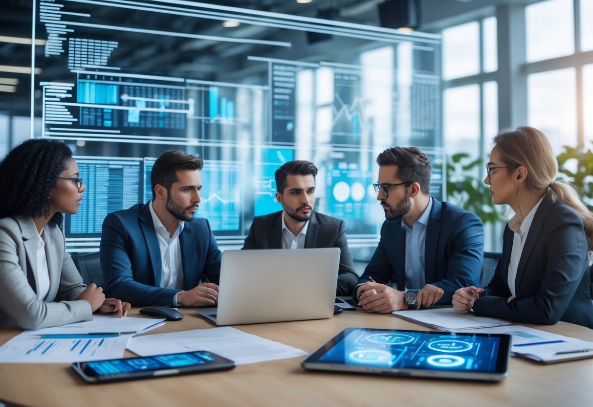 Des professionnels en réunion dans un bureau moderne, analysant des données sur des écrans numériques.