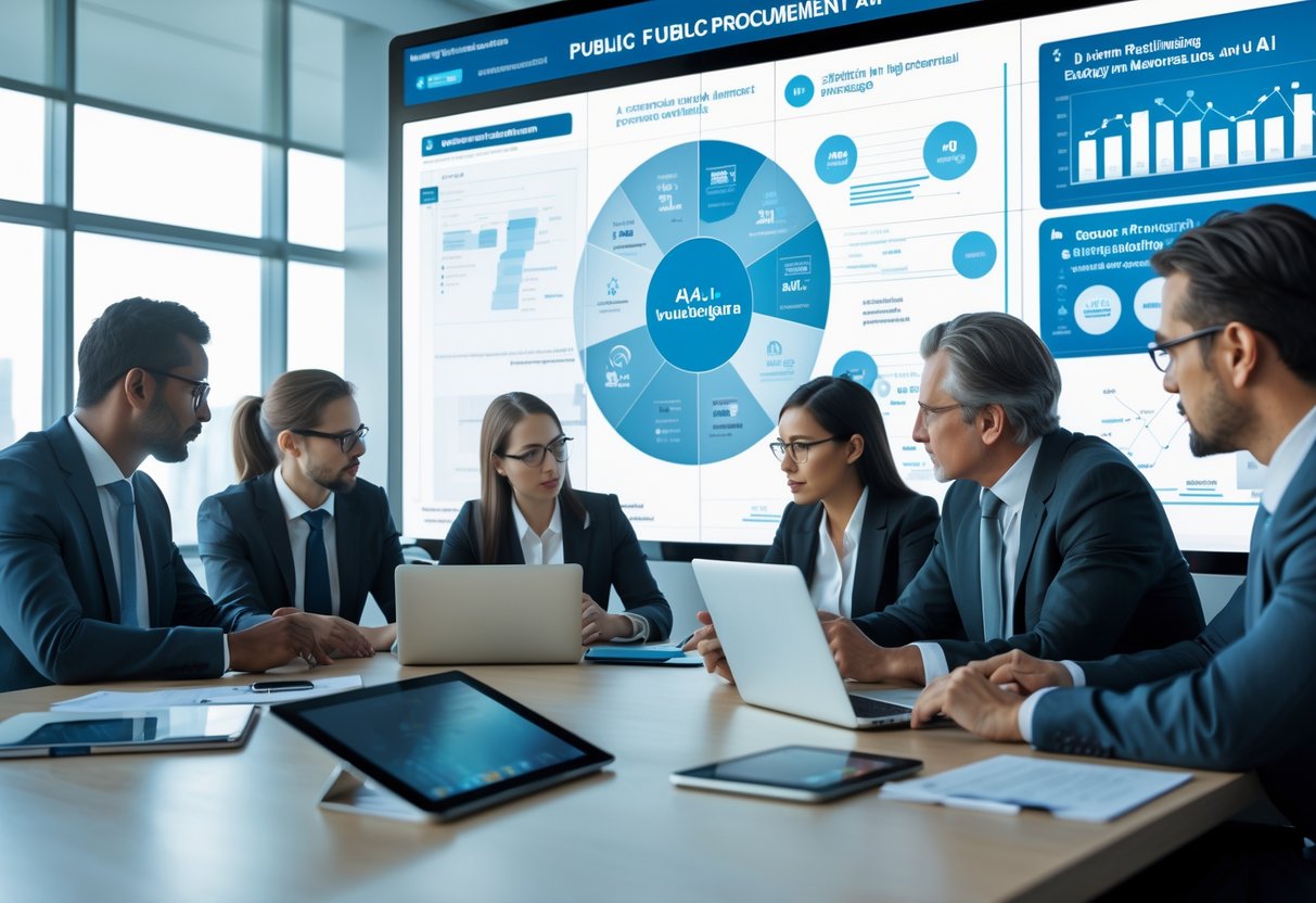 Des professionnels en réunion autour d'une table de conférence, discutant avec des ordinateurs et des documents, avec un écran affichant des graphiques en arrière-plan.