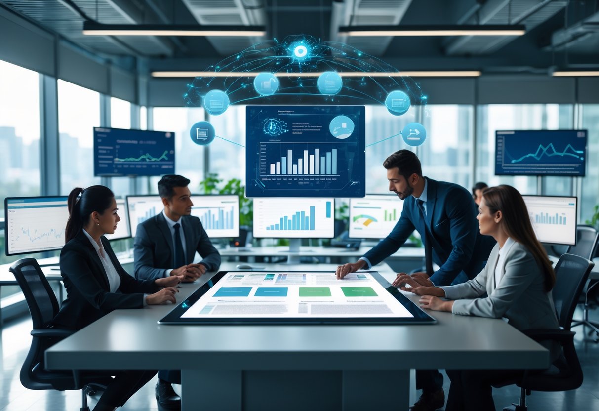 Des professionnels collaborent autour d'une table numérique affichant des données de contrats et des analyses, dans un bureau moderne lumineux.