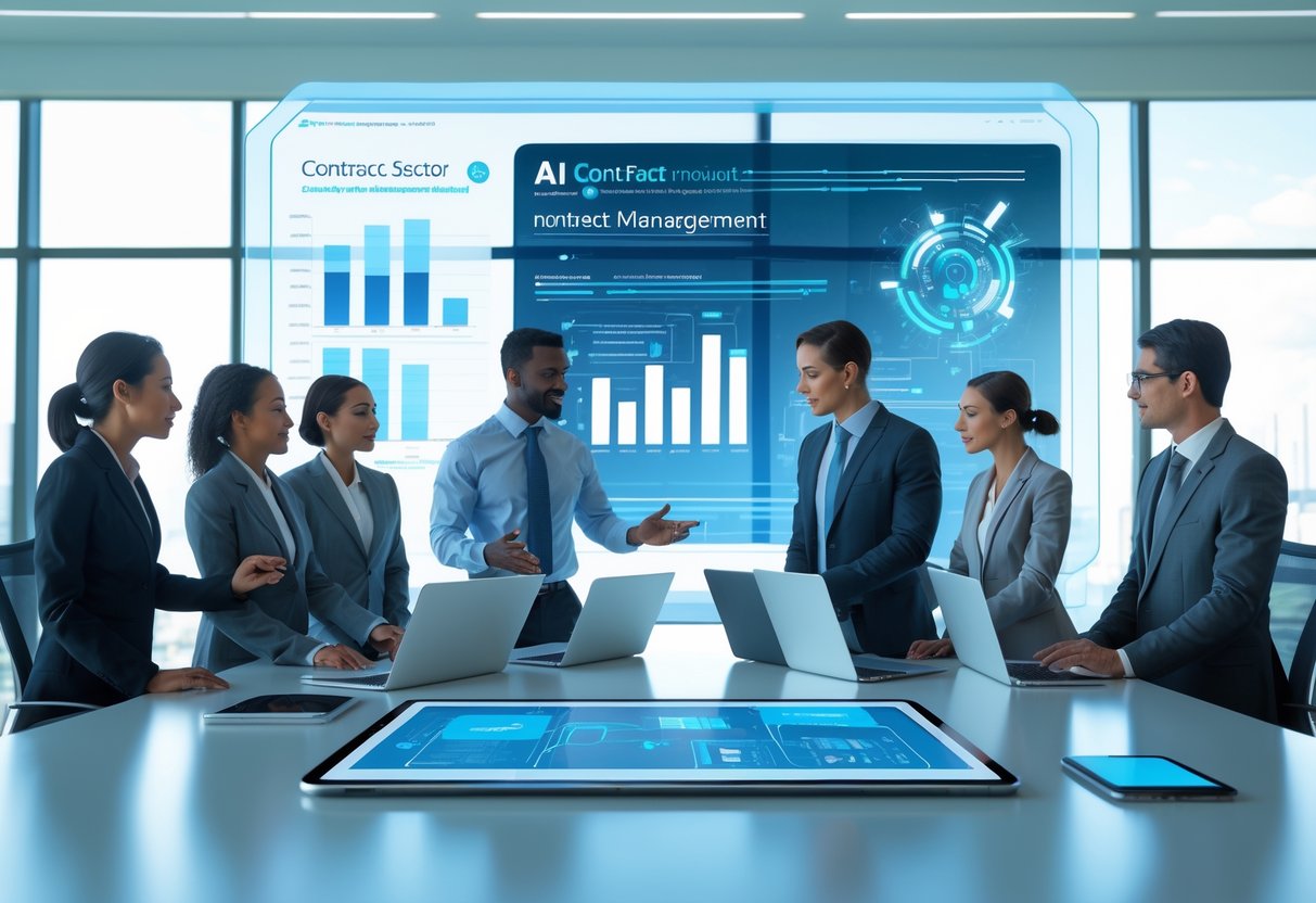 Des professionnels en réunion dans un bureau moderne, utilisant des appareils numériques pour gérer des contrats avec des éléments visuels d'intelligence artificielle en arrière-plan.