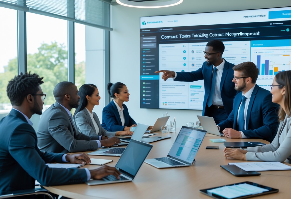 Un groupe de professionnels du secteur public en réunion autour d'une table avec des ordinateurs et un grand écran affichant des données, travaillant ensemble dans un bureau moderne.