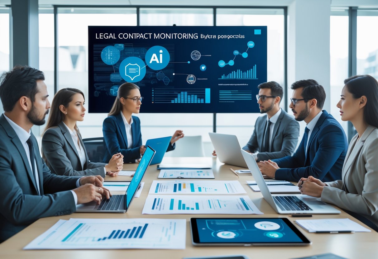 Des professionnels en réunion autour d'une table avec des ordinateurs et des documents, discutant de suivi contractuel et d'intelligence artificielle dans un bureau moderne.