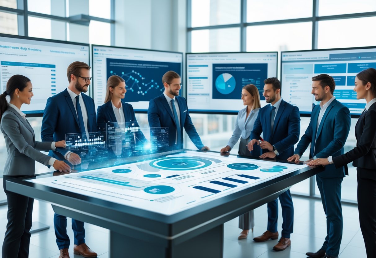 Des professionnels en réunion autour d'une table numérique affichant des données et graphiques liés à la gestion des marchés publics avec l'aide de l'intelligence artificielle.