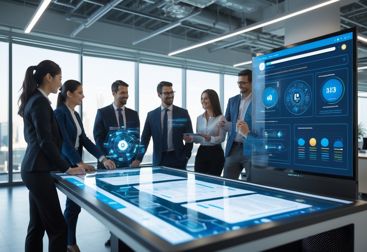 Des professionnels en réunion dans un bureau moderne, travaillant ensemble autour d'une table numérique avec des données et des graphiques affichés.