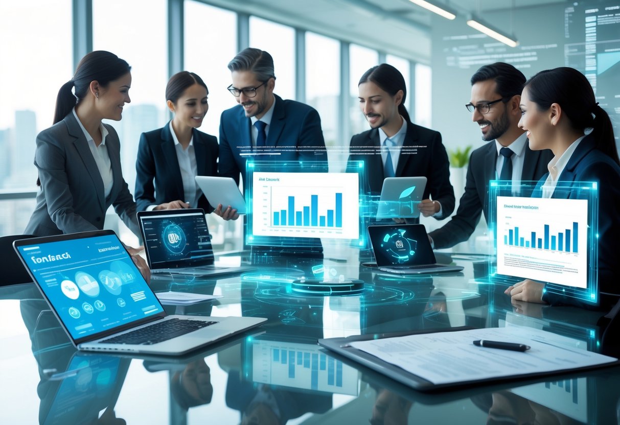 Des professionnels en réunion autour d'une table de bureau avec des appareils numériques et des graphiques, travaillant sur le suivi contractuel dans un environnement de marché public.