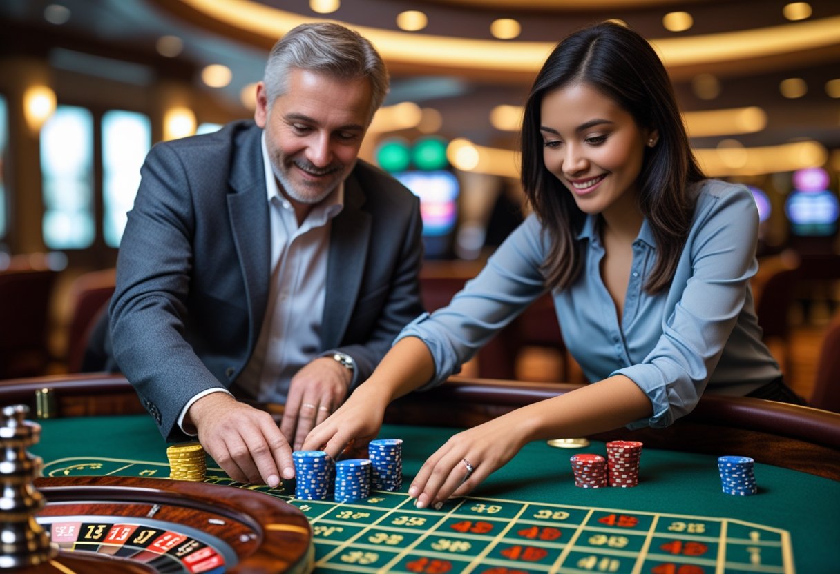 Two neighbors placing bets side by side at a roulette table in a casino, with the spinning roulette wheel in the background.