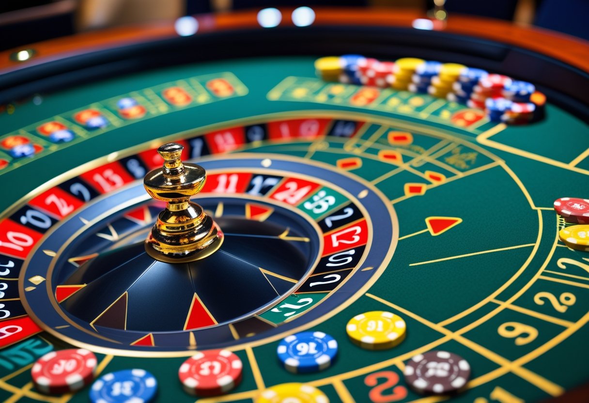 Close-up of a roulette wheel and betting layout with chips placed on numbers adjacent to the winning number.