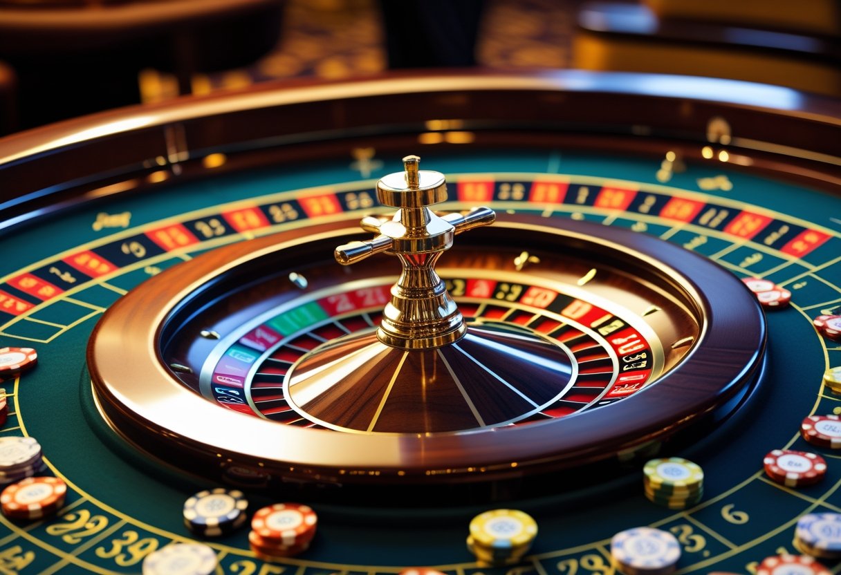 Close-up of a roulette wheel and betting table with chips placed on neighbor bets in a casino setting.