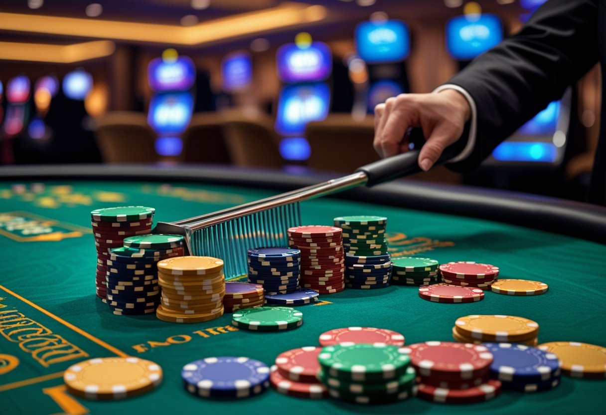 Close-up of a casino table with poker chips and a dealer's hand collecting chips with a rake.