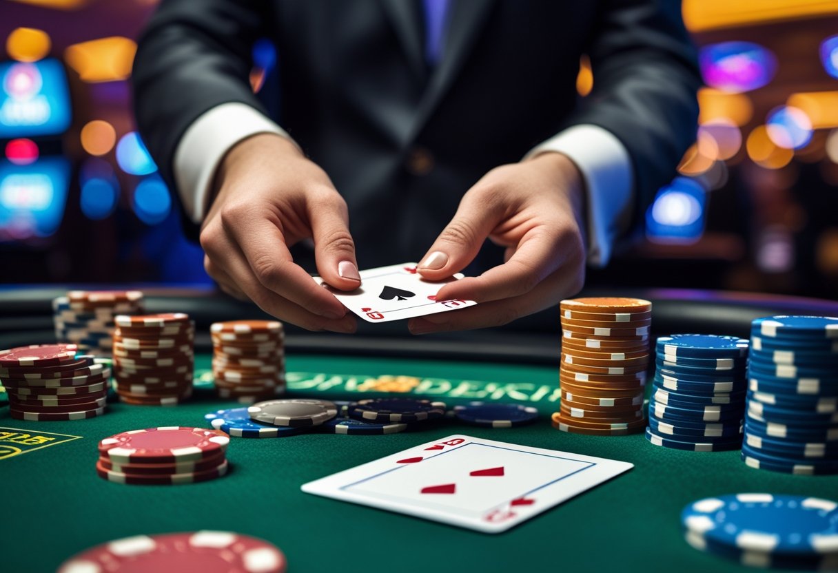 Close-up of a dealer's hands dealing cards at a poker table with poker chips and casino lights in the background.