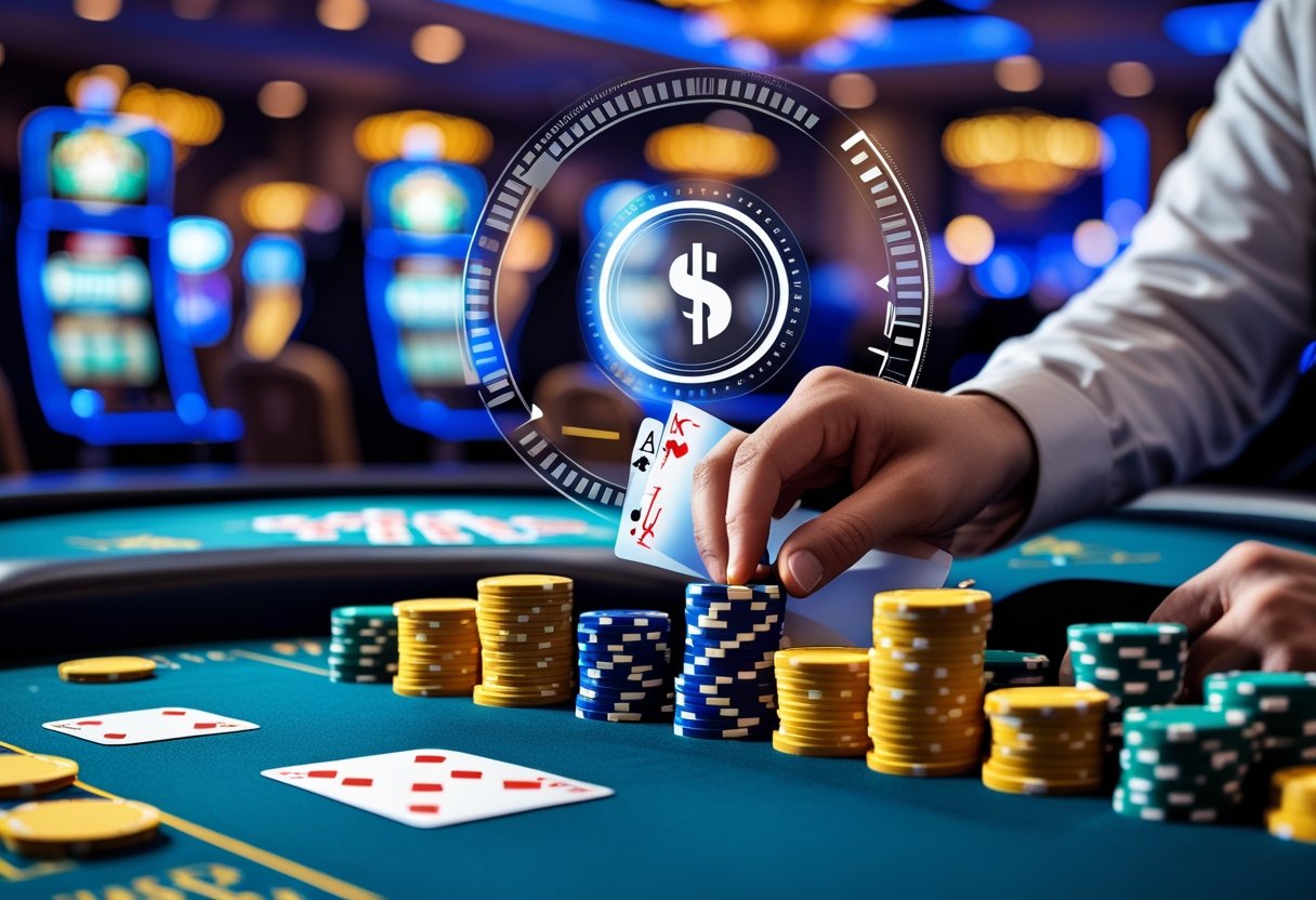 Close-up of a poker table with chips and cards, a hand placing chips into the pot, in a casino setting.